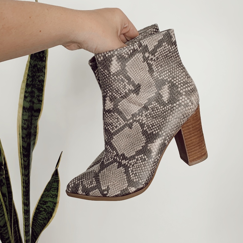 snake skin wooden heeled booties